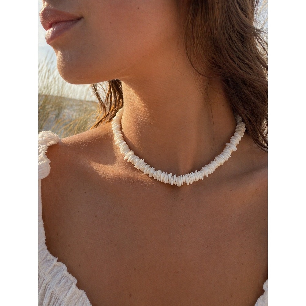 Puka Shell Choker Necklace White 15" Coastal Beach Boho Summer Mermaidcore